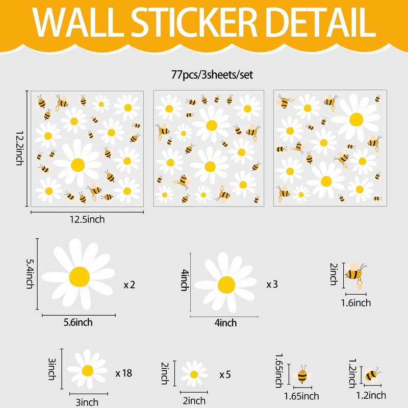 Kasubeso White Daisy and Bees Wall Stickers Easy to Peel and Stick Retro Flower Wall Decals for Girls Bedroom Nursery Living Room Office Floral Wall Decor - Image 5